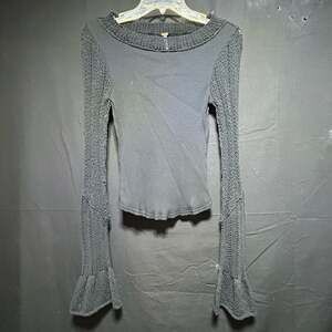 Boho Grunge Free People Sand Castle Ribbed Mixed Knit Bell Sleeve Top